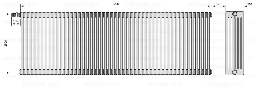 Схема (чертеж) Радиатор Zehnder Charleston 6250/48 №V011 Белый глянцевый RAL 9016